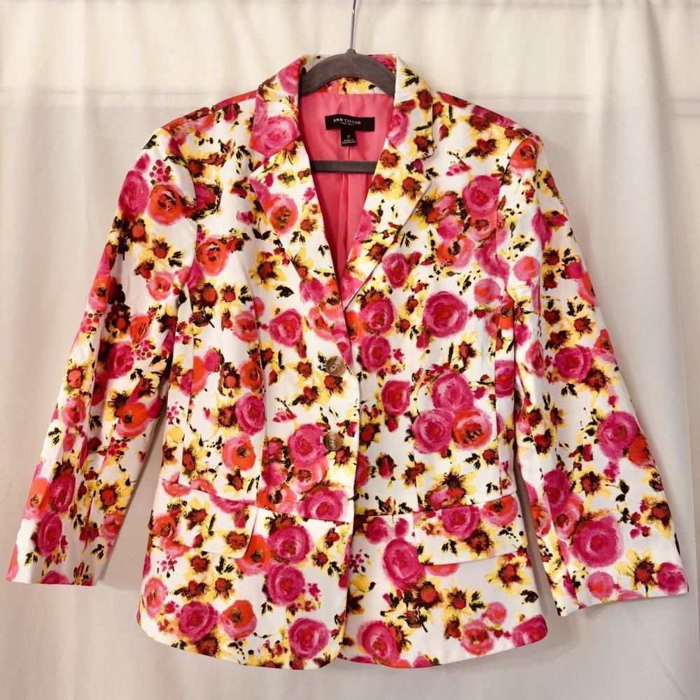Ann Taylor Watercolor Floral Blazer Pink Rose Garden Party Size 2